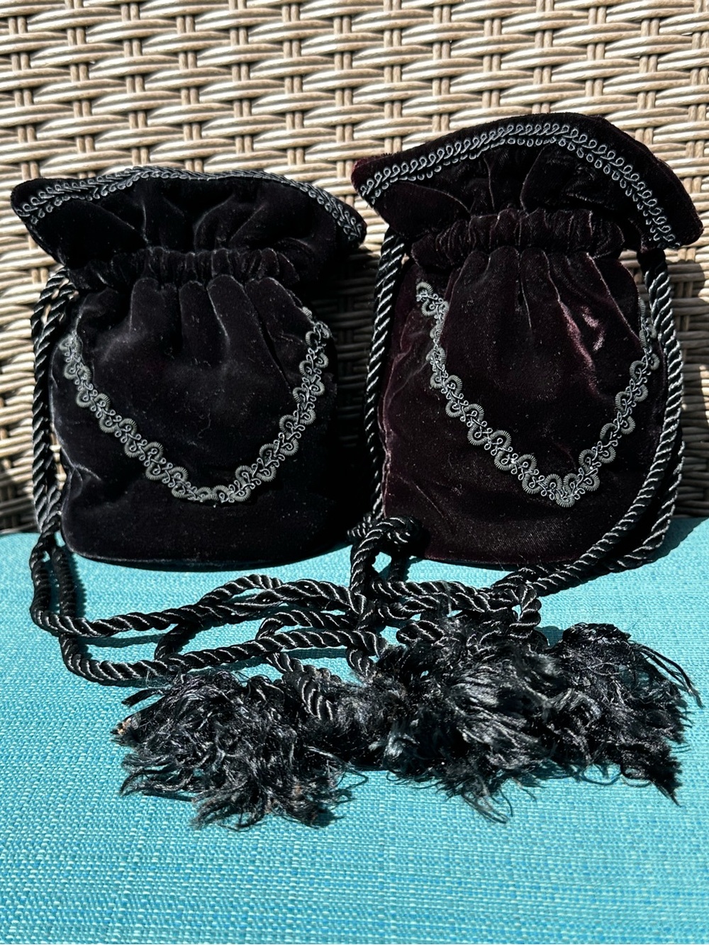 Multiples 2 Vintage 80’s Black Velvet Drawstring Wristlet Pouches with Tassels
